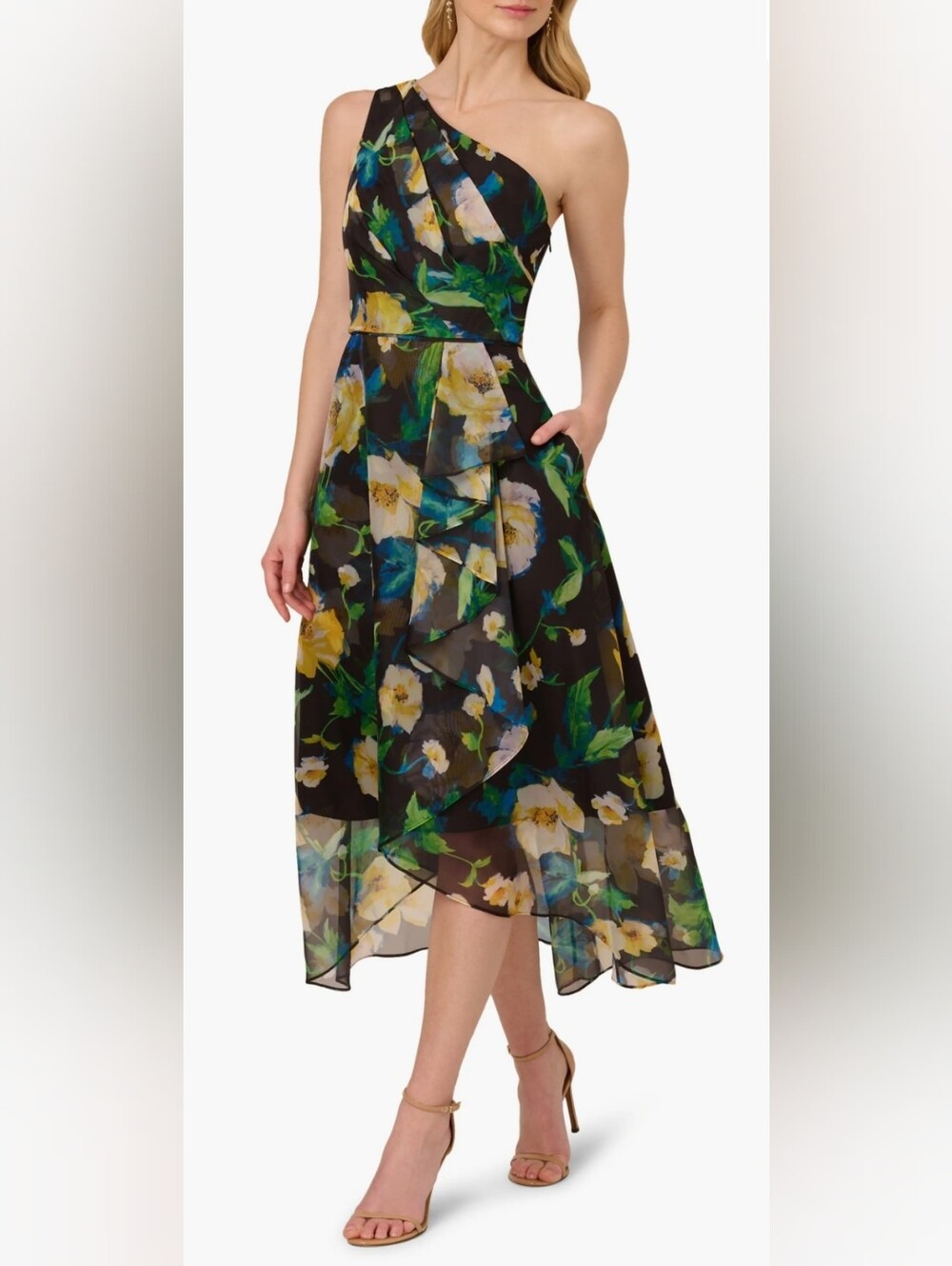 Adrianna Papell Floral High Low One Shoulder Dress Size 12